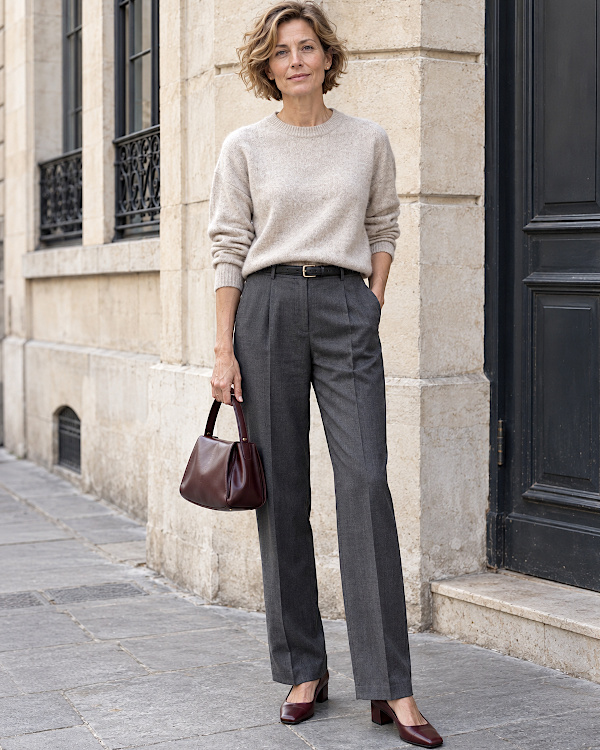 Femme en pull écru et pantalon gris, avec sac et escarpins bordeaux