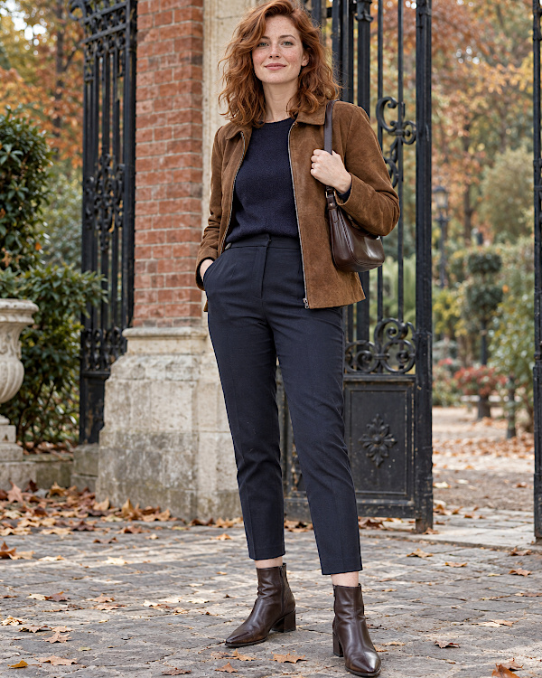 Pantalon 7/8 bleu marine avec veste marron et bottines en cuir