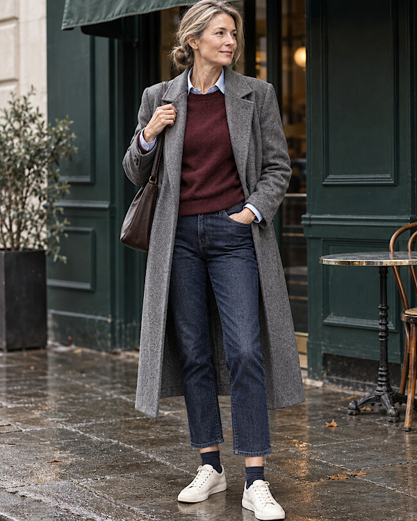 Jean 7/8 brut avec manteau gris, pull bordeaux et baskets blanches