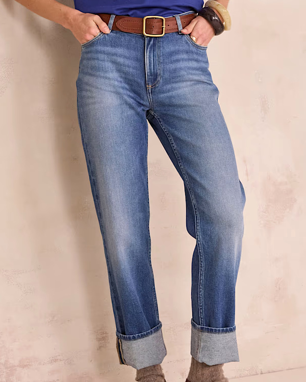 Jean droit bleu taille haute avec larges revers