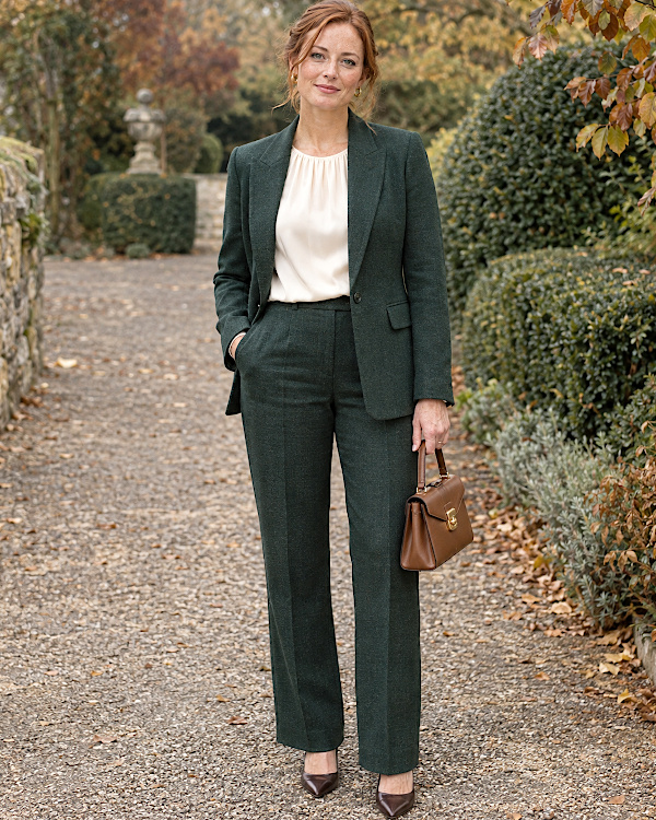 Femme en tailleur pantalon vert foncé, blouse écrue et sac marron