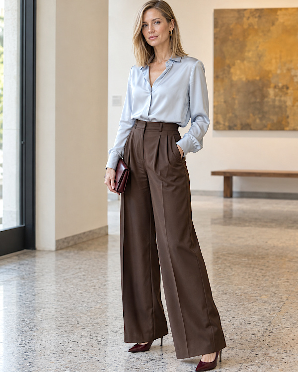 Pantalon large marron porté avec des escarpins bordeaux
