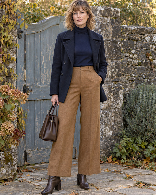 Pantalon large camel porté avec des bottines marron