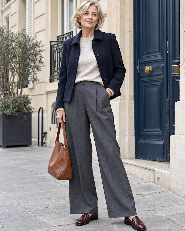 Femme blonde en veste marine, pantalon large gris et mocassins bordeaux