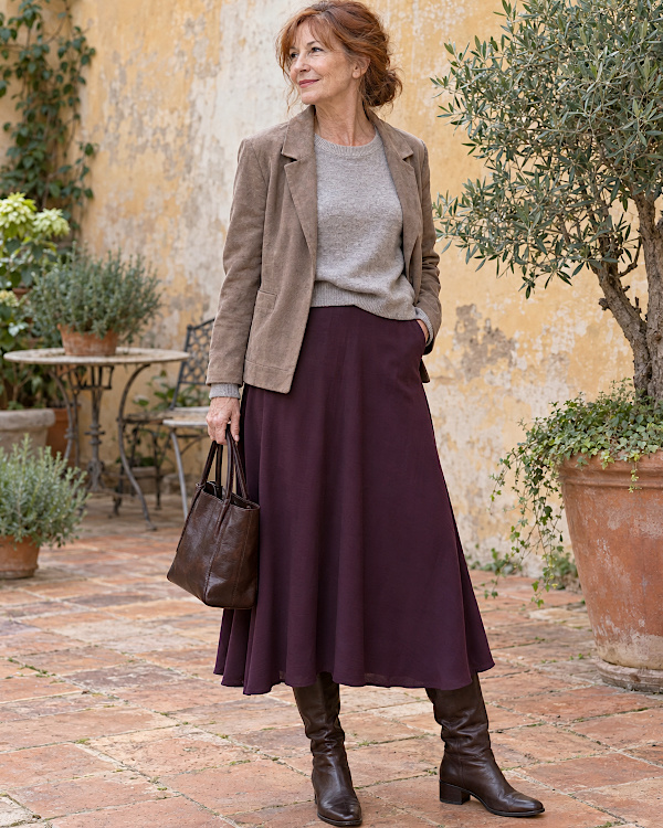 Femme rousse en blazer taupe, pull gris, jupe midi bordeaux et bottes marron