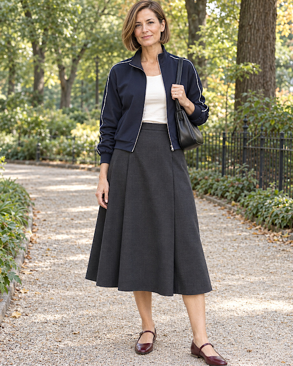Femme châtain en veste de sport marine, haut blanc, jupe midi grise et ballerines bordeaux