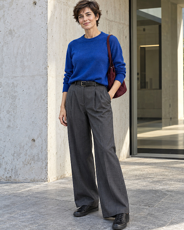 Femme brune en pull bleu cobalt, pantalon large gris anthracite et baskets noires