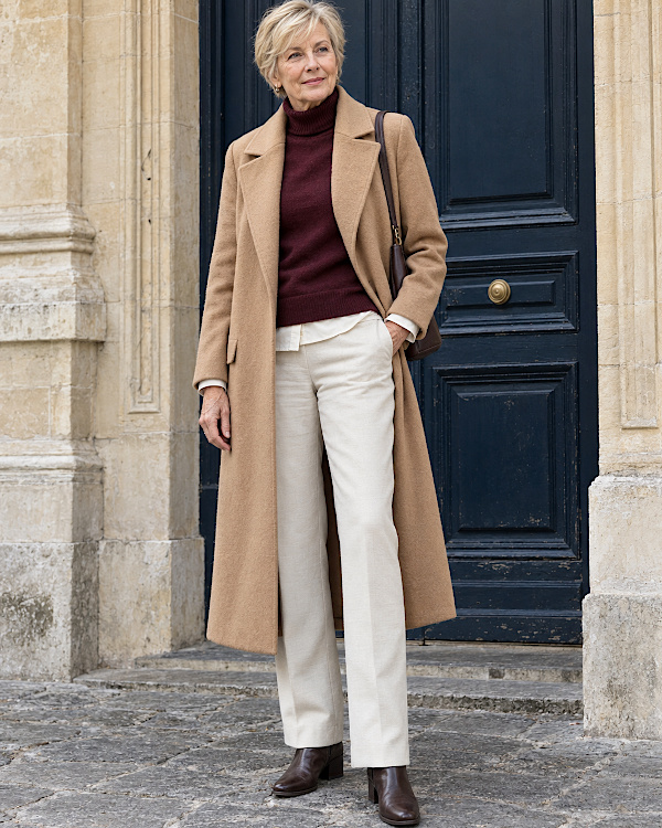 Femme blonde en manteau camel, pull bordeaux, pantalon écru et bottines marron
