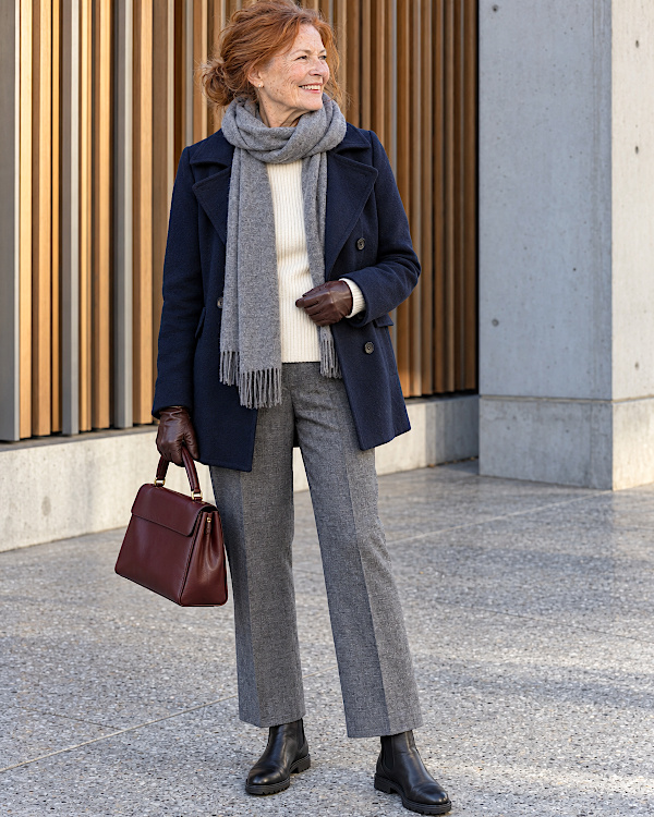 Femme rousse en manteau bleu marine, écharpe grise, pantalon gris et bottines noires