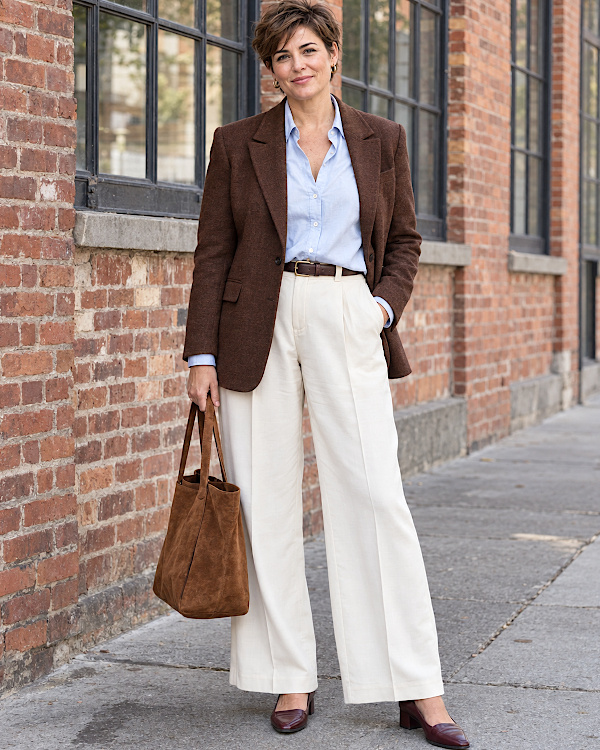 Femme en blazer marron, chemise bleu clair, pantalon large écru et escarpins bordeaux
