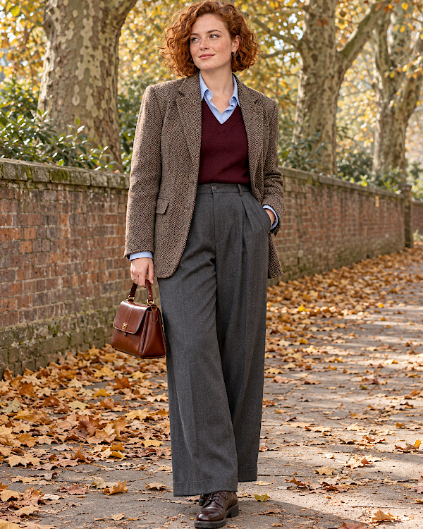Blazer en tweed marron, pull bordeaux, chemise bleue et pantalon large gris