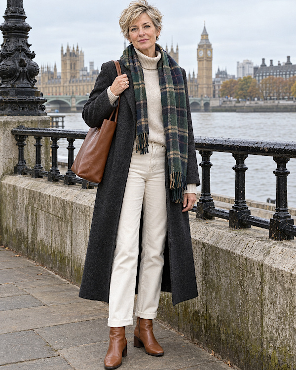 Manteau long gris anthracite, écharpe à carreaux, tenue écrue et accessoires en cuir camel