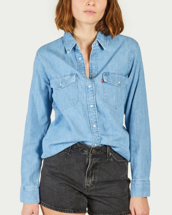 Chemise en jean bleu clair portée avec un short en denim noir