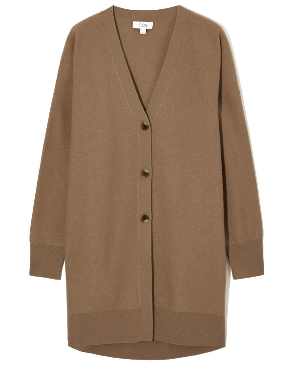 Long cardigan marron à col V, manches longues et boutons sur le devant