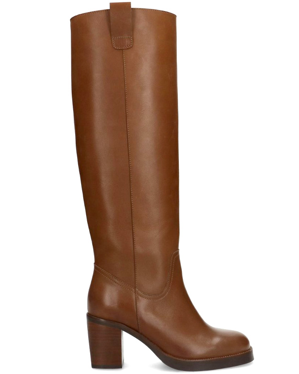 Botte haute en cuir camel à talon carré et bout arrondi