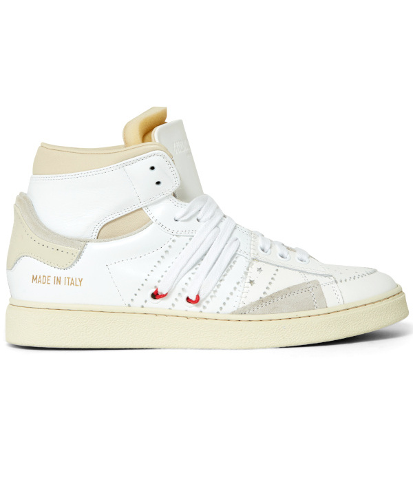 Basket montante blanche et crème en cuir avec lacets blancs et petits détails rouges