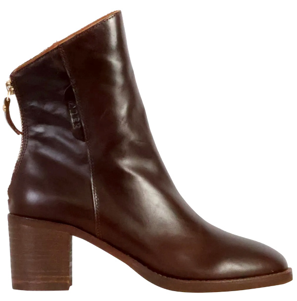Bottine en cuir marron foncé à bout arrondi, talon bloc et fermeture zippée arrière