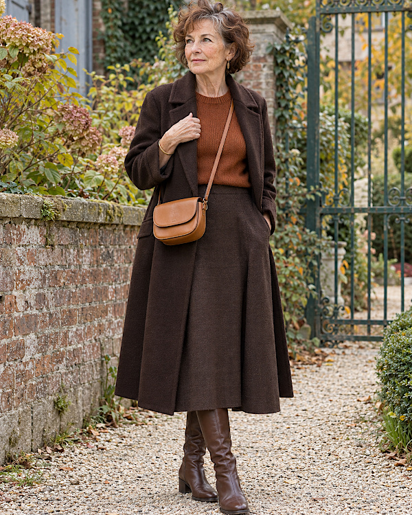 Femme senior en manteau long marron, jupe midi évasée, pull rouille et bottes hautes