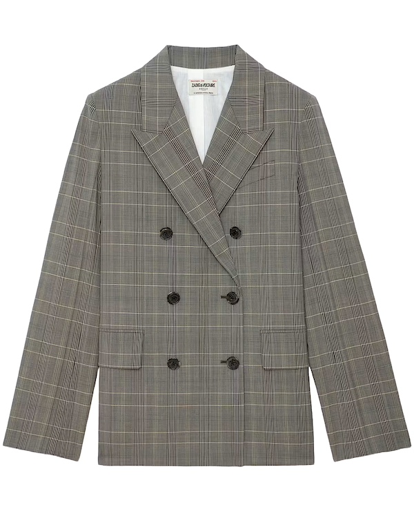 Blazer gris à carreaux, coupe ample, double boutonnage et larges revers pointus