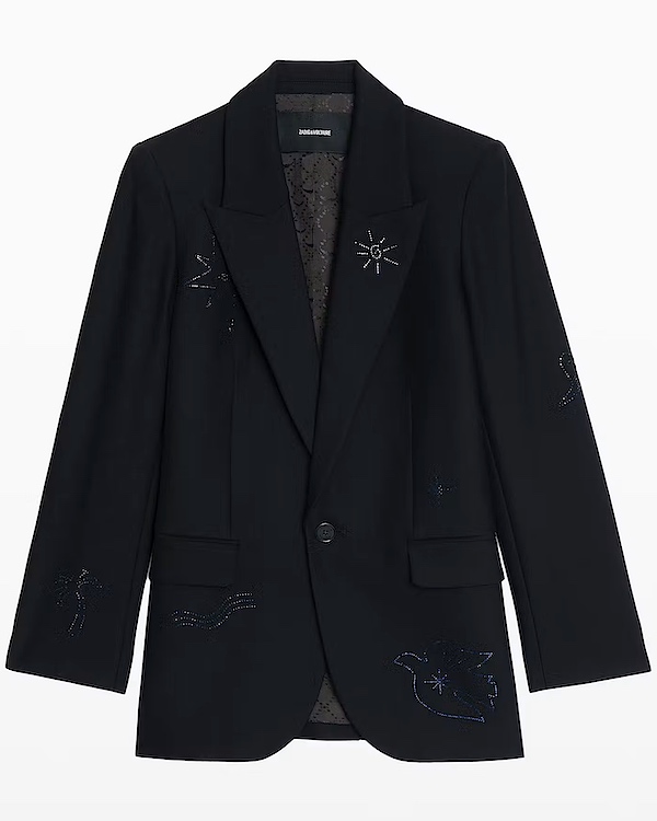 Blazer noir à revers pointus, orné de motifs brodés discrets et de détails scintillants