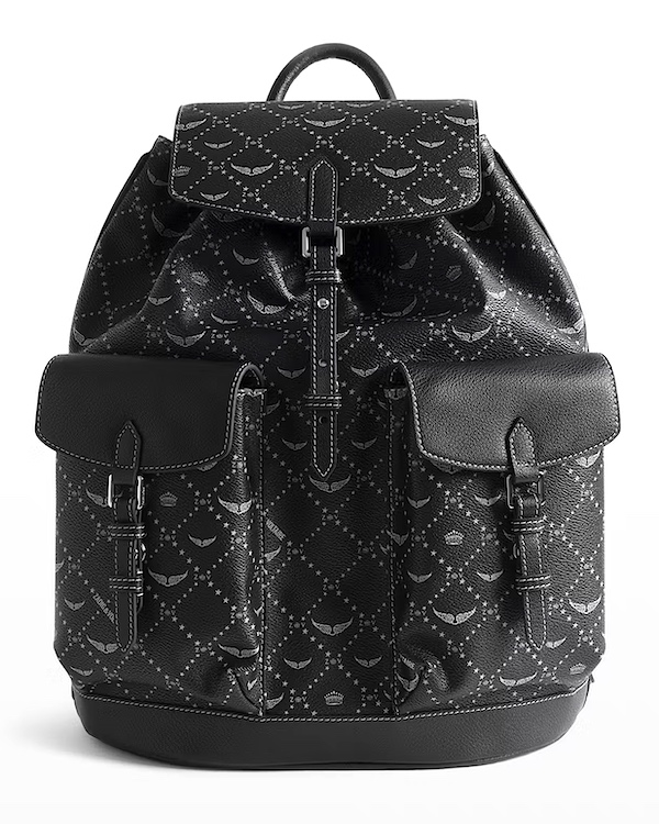 Sac à dos noir à motifs de lunes et d'étoiles avec rabat et deux poches frontales à boucles