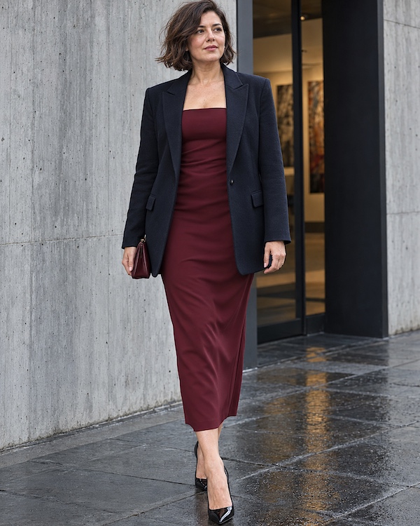 Femme brune en robe longue bordeaux ajustée, blazer noir et escarpins noirs