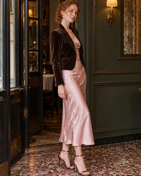 Femme rousse en robe longue satinée rose poudré, veste en velours marron et sandales à talons