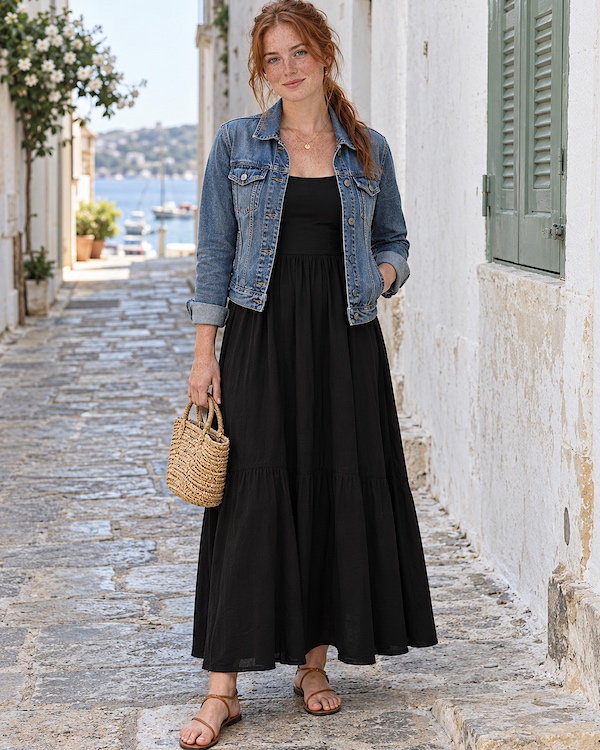 Robe longue noire évasée portée avec une veste en jean bleu, des sandales et un panier en osier