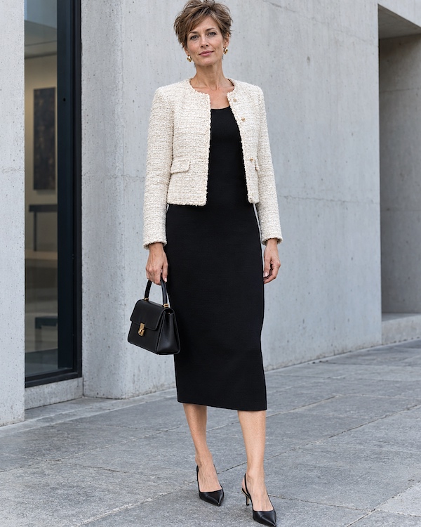 Robe noire midi ajustée avec veste courte en tweed écru, escarpins noirs et sac à main noir