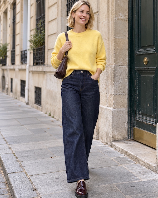 Femme blonde portant un pull jaune pâle, un jean brut large, des mocassins bordeaux et un sac à l'épaule