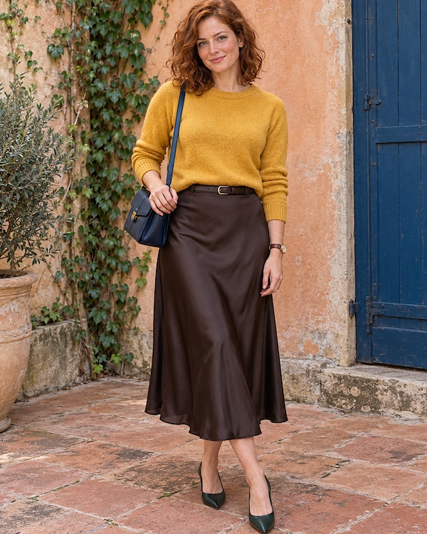 Femme rousse portant un pull jaune moutarde, une jupe midi satinée marron, des escarpins foncés et un sac bleu marine