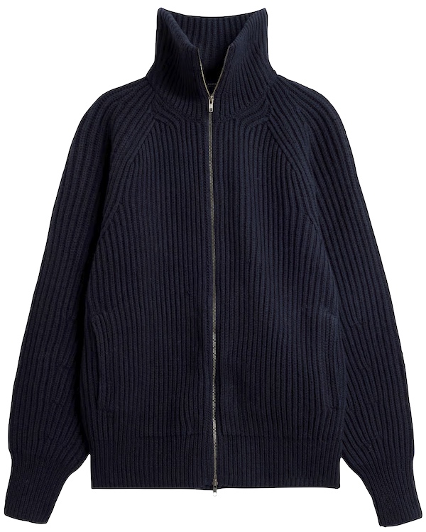 Cardigan bleu marine en grosse maille côtelée, à manches amples et col montant zippé
