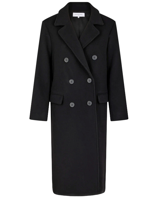Manteau long noir à coupe droite, double boutonnage et col tailleur classique